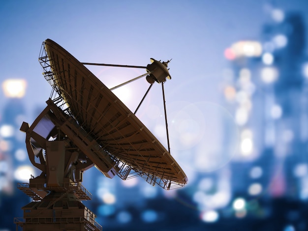 3d rendering satellite dish with cityscape background