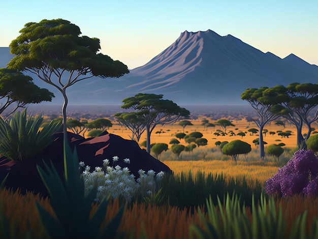 3D rendering of a savannah with tall trees wildflowers and a distant mountain range ai generated