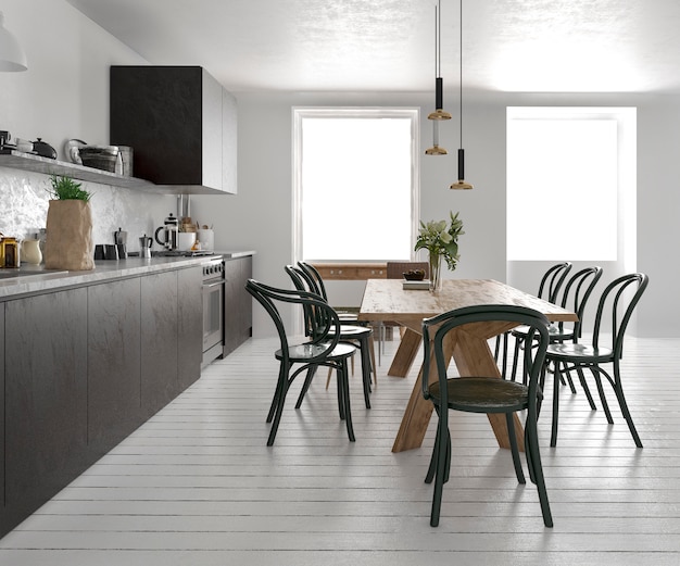 3d rendering scandinavian vintage kitchen with dining table