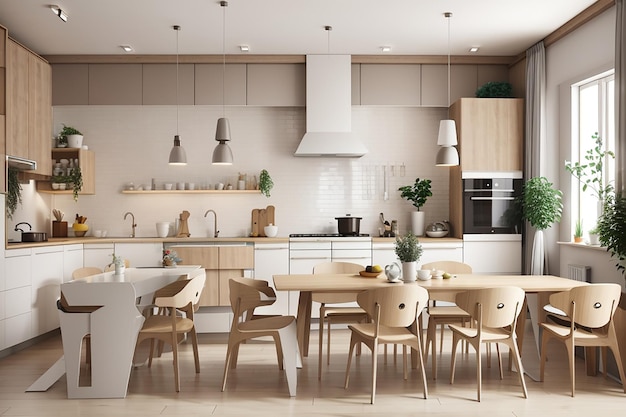 3d rendering scandinavian vintage modern kitchen with dining area