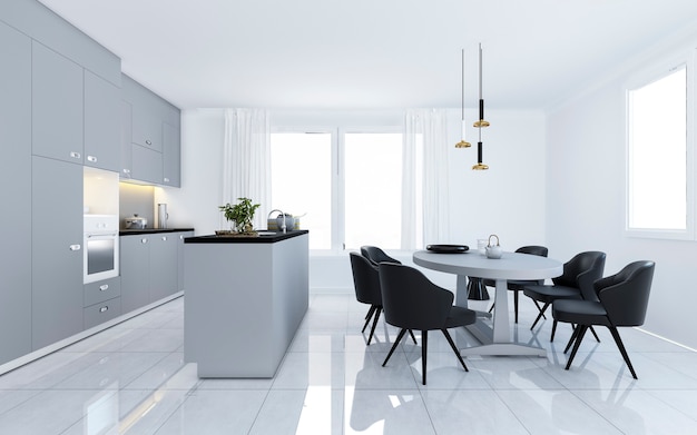 3d che rende cucina minima moderna d'annata scandinava con area da pranzo bianca