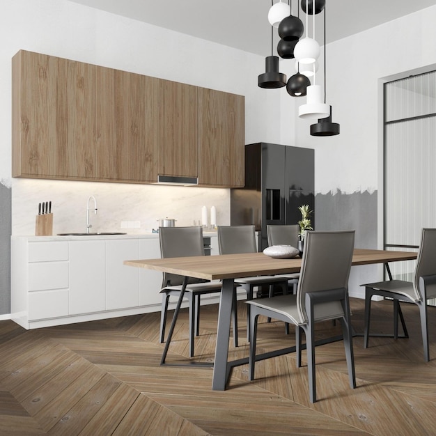 3D-rendering Scandinavisch met keukeninterieur