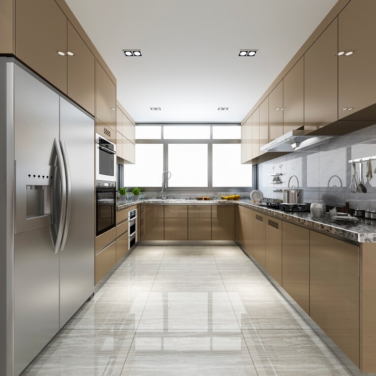 Foto 3d rendering scandinavische vintage moderne keuken met eethoek