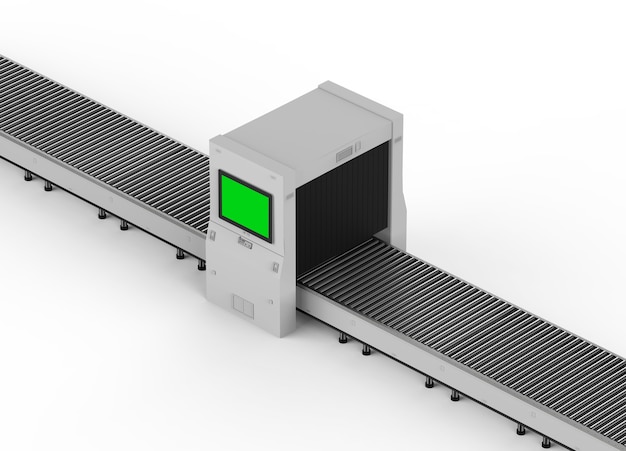 3d rendering scanner machine with empty monitor and conveyor belt