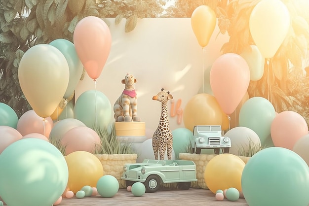 A 3d rendering of a scene with a giraffe and a car.