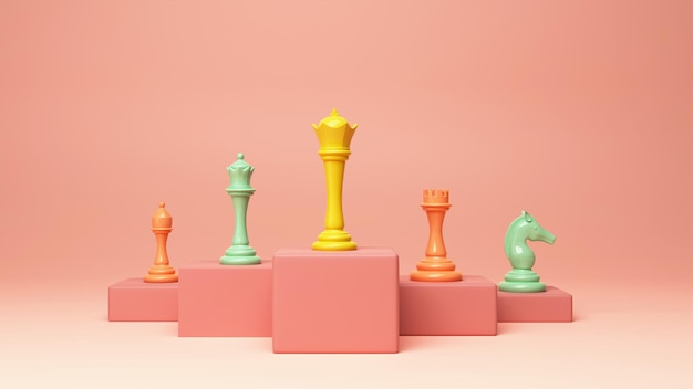 3D-rendering schaakstukken over verschillende podium op perzik rode achtergrond