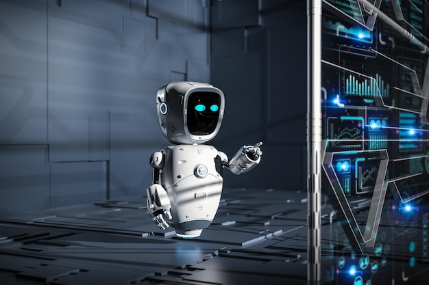 3D-rendering schattige kunstmatige intelligentie (robot of assistent-robot met grafisch display)