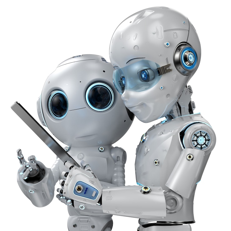 Foto 3d-rendering schattige robot of kunstmatige intelligentie (robot met digitale tablet)