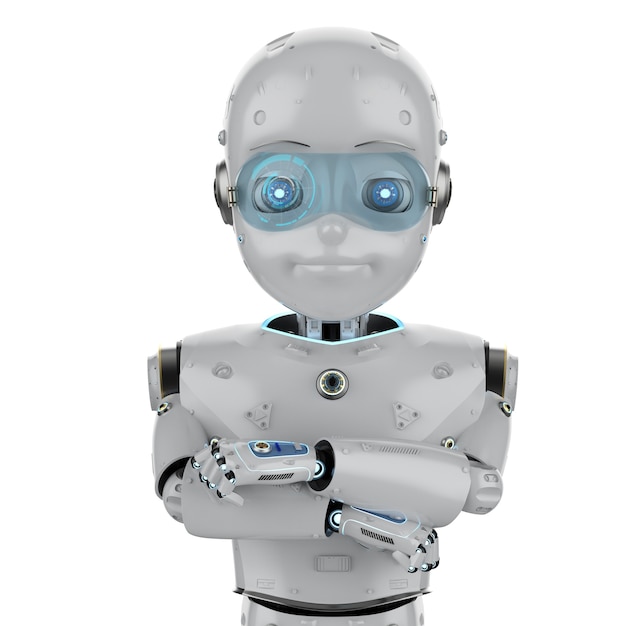 3D-rendering schattige robot of kunstmatige intelligentie robot met stripfiguur gevouwen armen