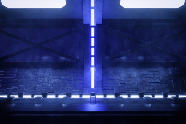 3D-rendering sci-fi achtergrond met gloeiende blauwe neon op metalen vloer