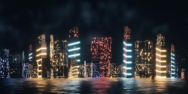 밤에 화려한 네온 불빛이 있는 3d 렌더링 공상 과학 도시