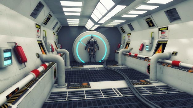 Foto rendering 3d. corridoio futuristico di fantascienza