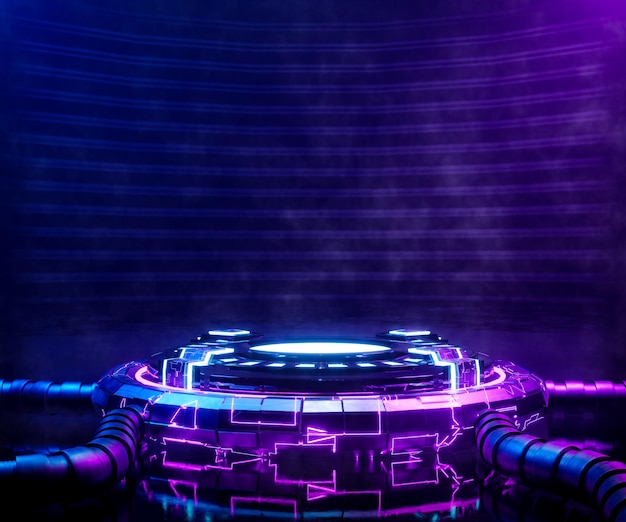 3d рендеринг scifi пустой подиум с синим и фиолетовым неоновым светом для демонстрации продукта