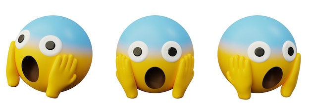 Photo 3d rendering screaming in fear face emoji or yellow ball emoticon creative user interface