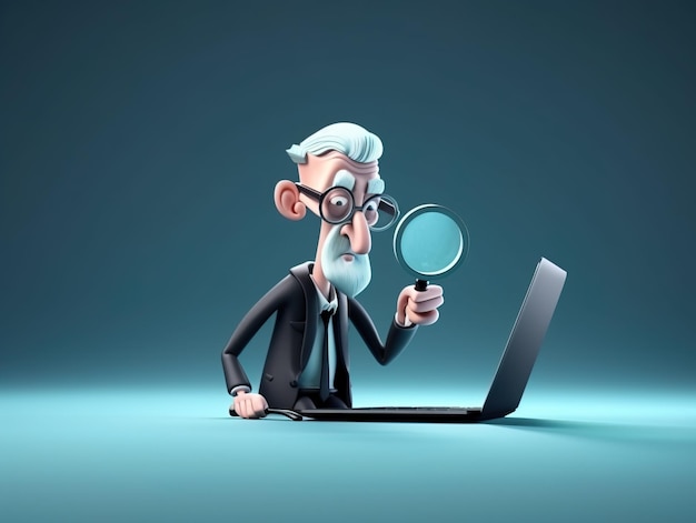 3d rendering Search icon A cartoon character holds a large lens with a magnifying glass Clip art of Business of science highlighted on a white background