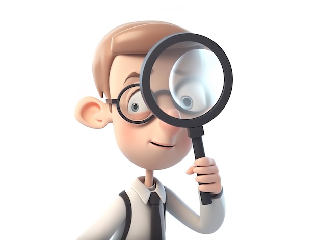 3d rendering Search icon A cartoon character holds a large lens with a magnifying glass Clip art of Business of science highlighted on a white background