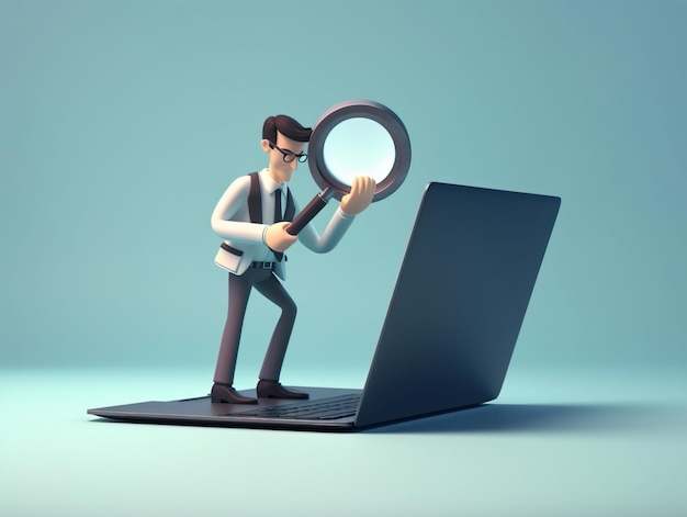 3d rendering Search icon A cartoon character holds a large lens with a magnifying glass Clip art of Business of science highlighted on a white background