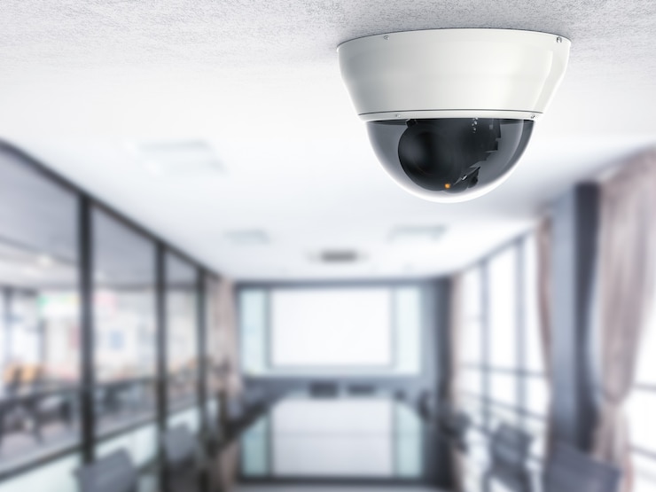 Photo 3d rendering security camera or cctv camera with office background