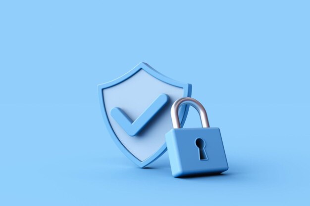 Photo 3d rendering of security shield check mark with lock sign