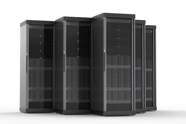 Foto cluster di computer server di rendering 3d su sfondo bianco