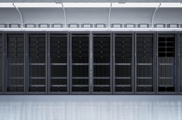 Photo 3d rendering server room interior or data center inside full with rack