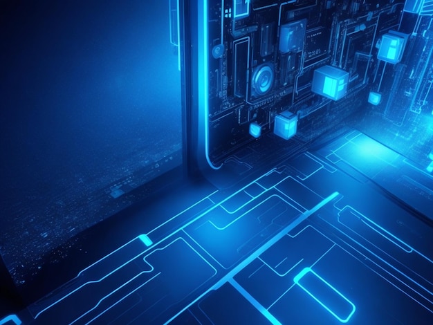 3d rendering of server room with circuit board on blue background