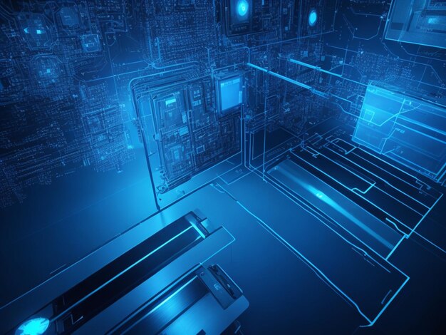 3d rendering of server room with circuit board on blue background