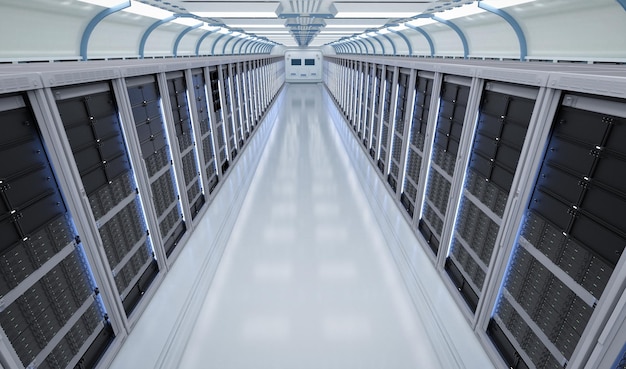 3D rendering serverruimte interieur of datacentrum binnen vol met rack