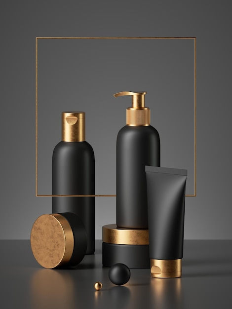 3d rendering set of black cosmetic bottles with golden caps isolated on dark background