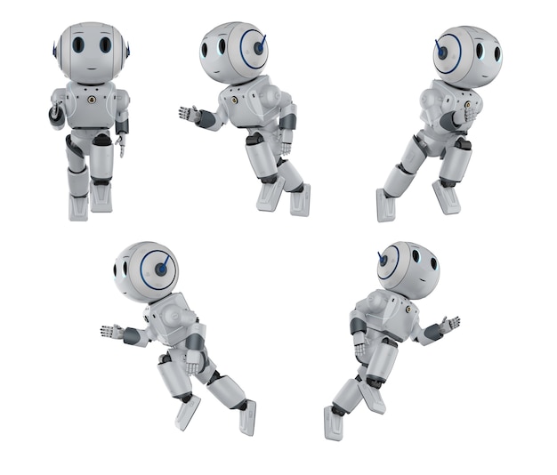 3d rendering set of cute artificial intelligence robots run or move