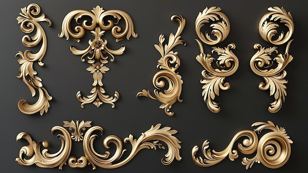 3D rendering of a set of decorative flourishes The flourishes are made of gold and have a shiny reflective surface