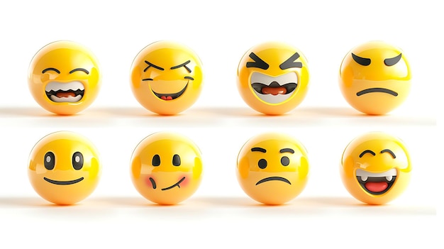 Photo 3d rendering of a set of eight yellow emoji faces the emoji faces are all different expressions including happy sad angry and surprised