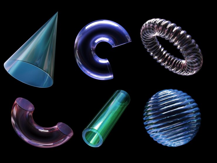 Photo 3d rendering of a set of geometric objects icons glass elements isolated on a black background