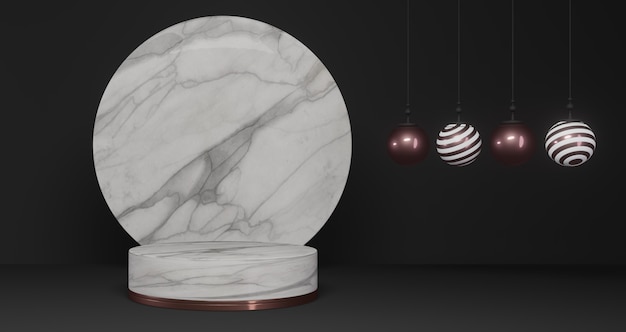 3D rendering.Set of gift balls and and empty circle pedestal. Abstract minimal concept