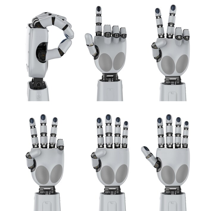 Foto 3d-rendering set van cyborg hand tellen nul tot vijf geïsoleerd op wit