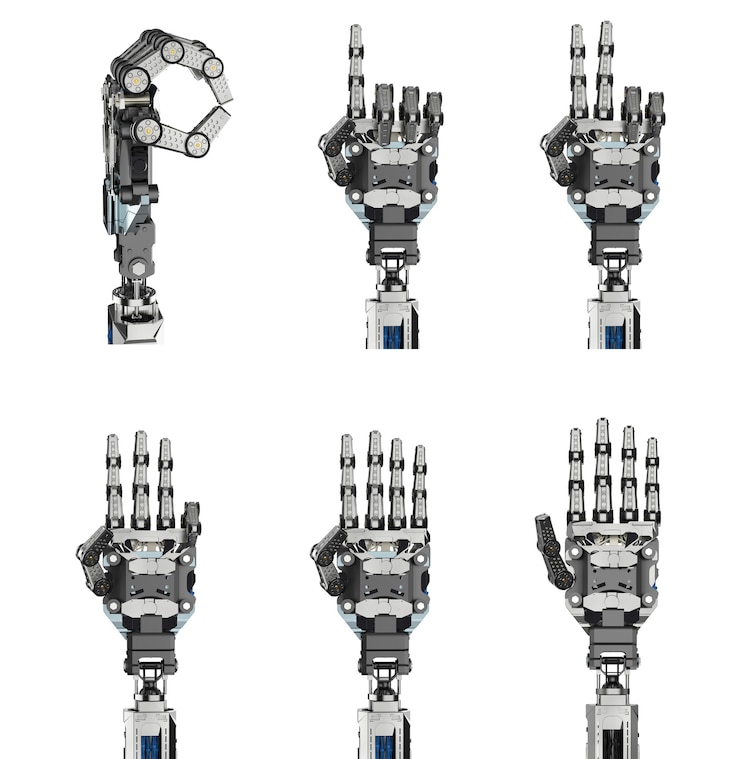 Foto 3d-rendering set van cyborg hand tellen nul tot vijf geïsoleerd op wit