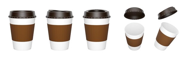 Foto 3d-rendering set van papier coffee cups op witte achtergrond coffee cup mockup