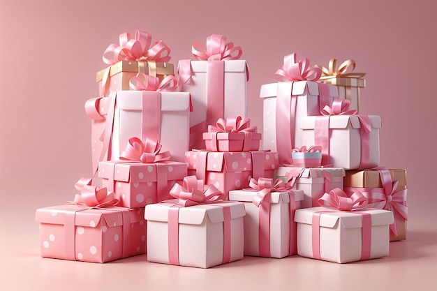 3d-rendering set van verpakt cadeau dozen in roze wit thema in concept van verjaardagviering