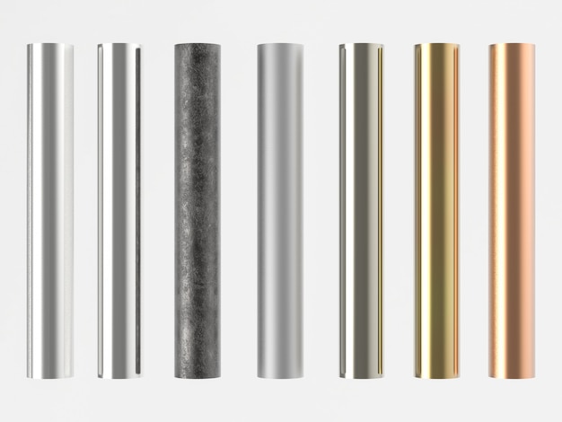 3d rendering seven shades of metal pipes isolated on white