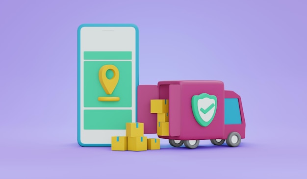 Photo 3d rendering of shipping truck with package and phone showing location symbol concept of tracking order on phone on background 3d render illustration cartoon style