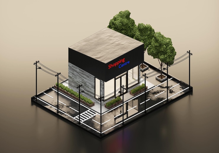 Photo 3d rendering shop in isometric view exterior background