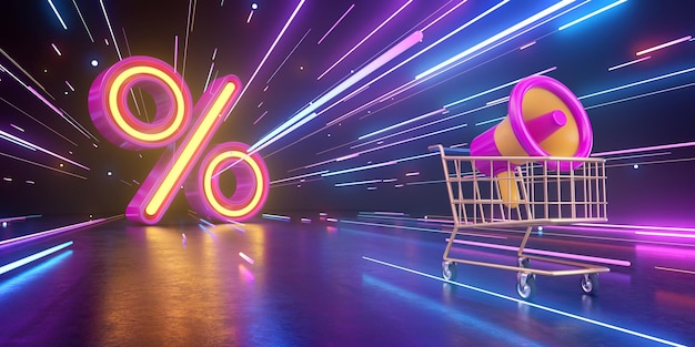 Photo 3d rendering of shopping cart and light trails