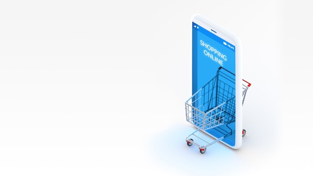 3d rendering shopping online concept, Shopping cart and mobile phone isometric view with copy space .