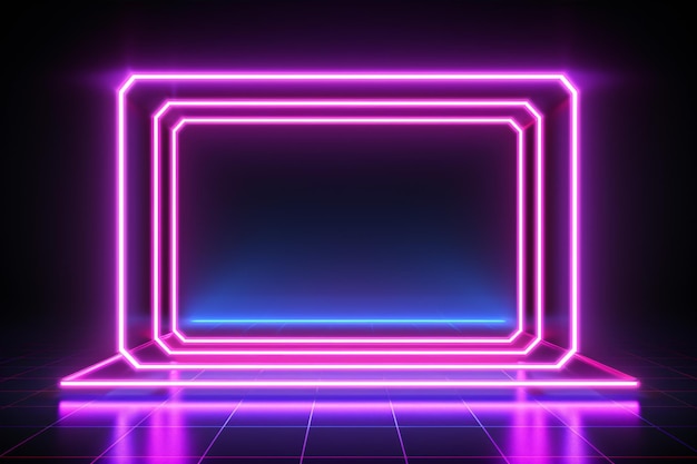 Photo 3d rendering showcasing an abstract bright neon frame with a luminous rectangular path creating an energetic web background laser show