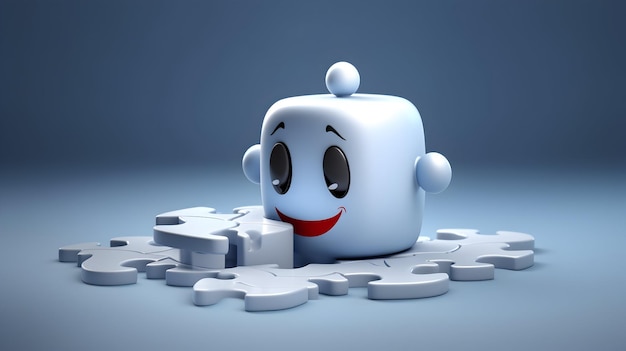 A 3D rendering showcasing a determined puzzle piece character