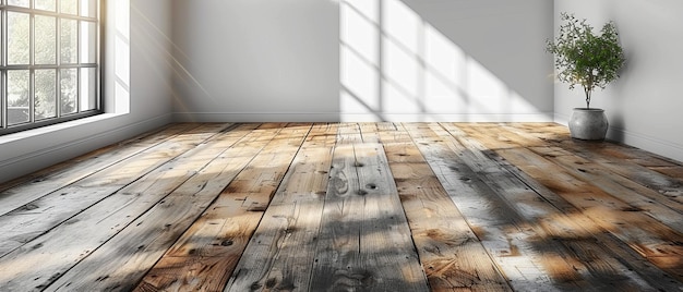 Photo the 3d rendering shows an empty modern room with a wooden floor and large white walls