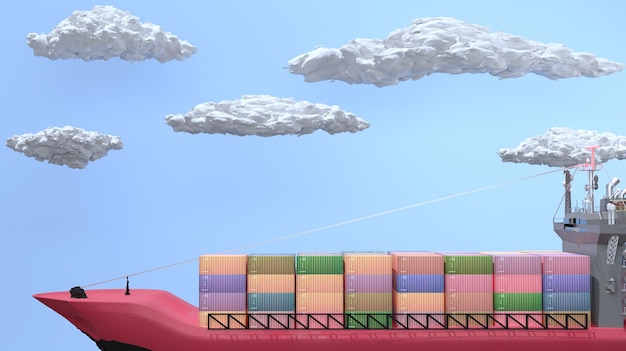 3D rendering side view cargoship in blue sky background and cloud