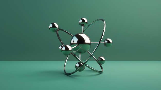 Photo a 3d rendering of a silver atom model on a green background the atom has a central nucleus and several electrons orbiting it