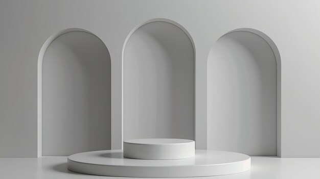 Photo 3d rendering of a simple and clean product display stage the offwhite podium is set against a matching backdrop with three arched openings