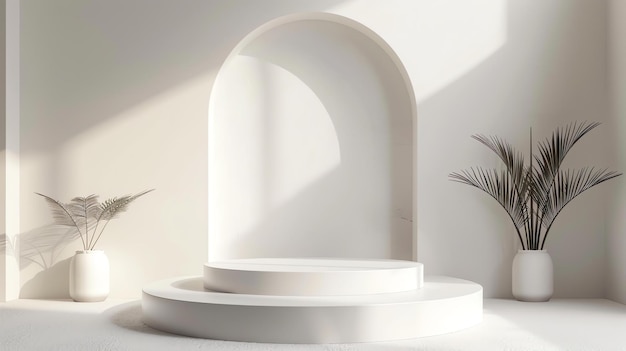 3D rendering of a simple and elegant product display The offwhite podium stands in a matching environment with a curved wall and matching floor